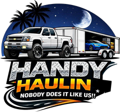 Handy Haulin logo with white pickup truck towing a trailer under a moonlit sky, bold slogan text.