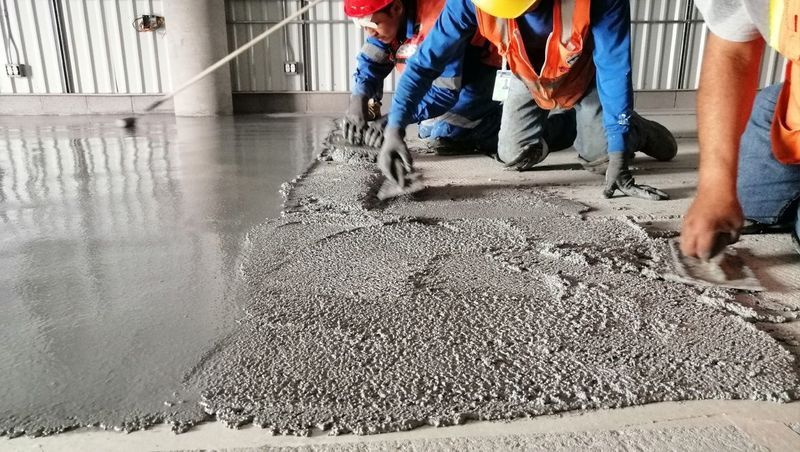 Obreros de la construcción con chalecos de seguridad arrodillados alisando hormigón fresco en un suelo industrial.