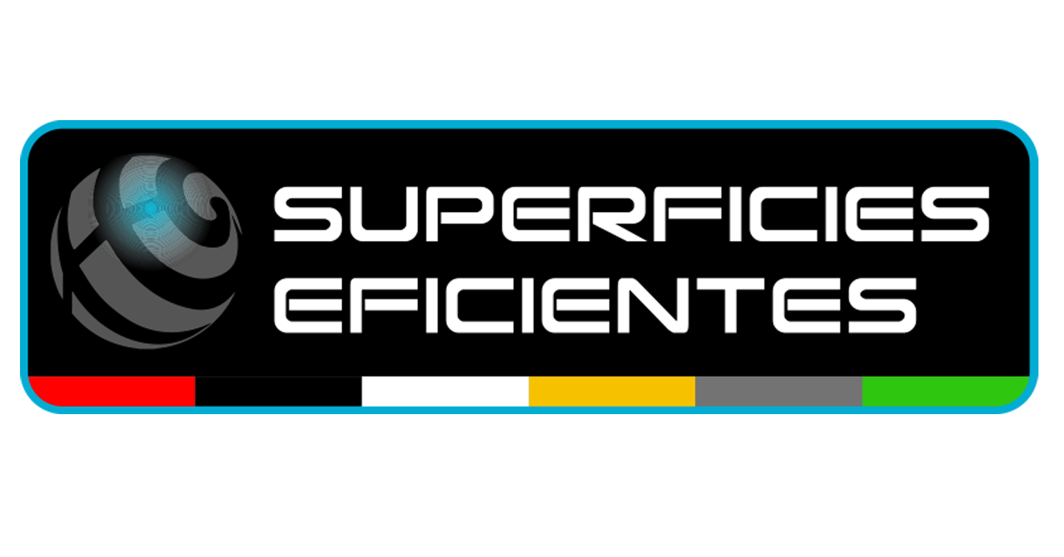 Logo for Superficies Eficientes featuring a globe icon and the text "Mantenimiento industrial: pisos, techos y estructuras."