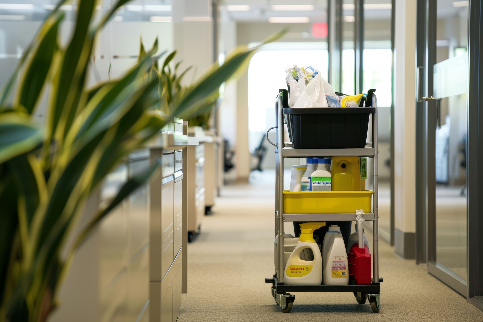 Office cleaning cart in a hallway with supplies and bottles, seen through glass partitions.
