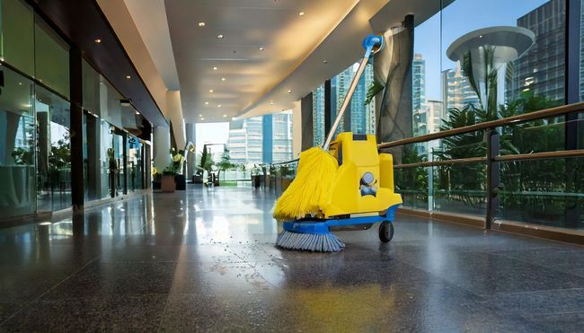 Janitor cart with yellow cleaning equipment in a glossy modern office lobby