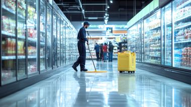 Person mopping a supermarket aisle beside a yellow caution sign, with glass freezer doors on both sides