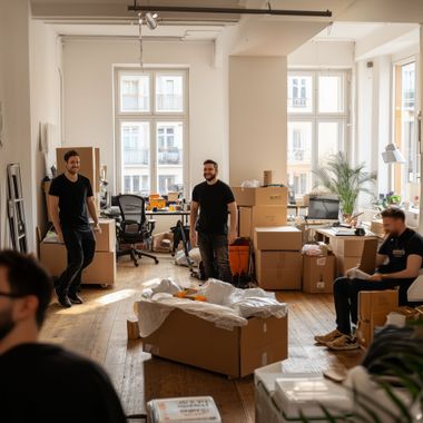 People unpacking boxes in a bright office with large windows and scattered furniture