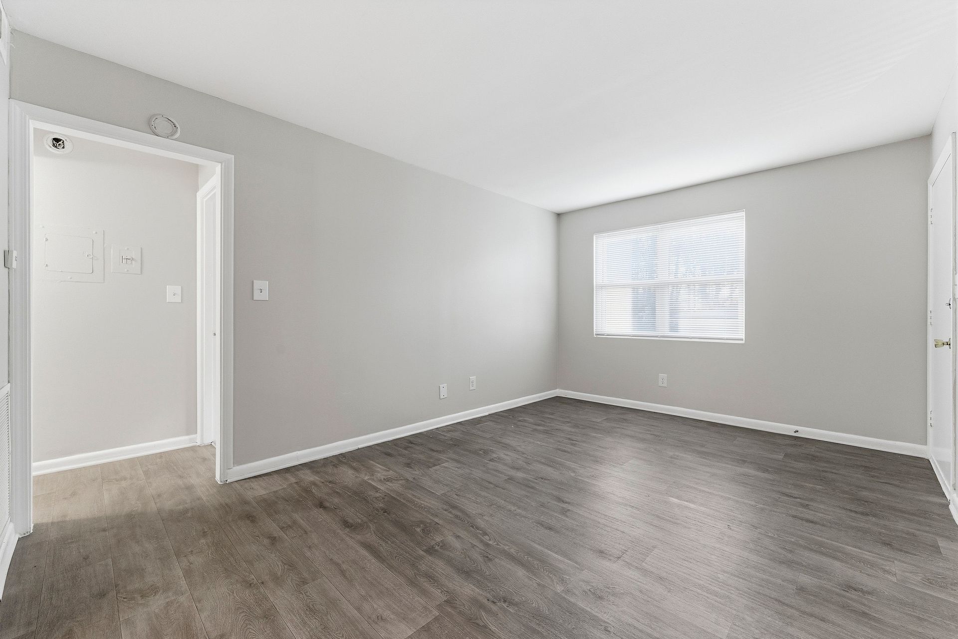Empty gray carpeted room with light gray walls and a window with sheer curtains