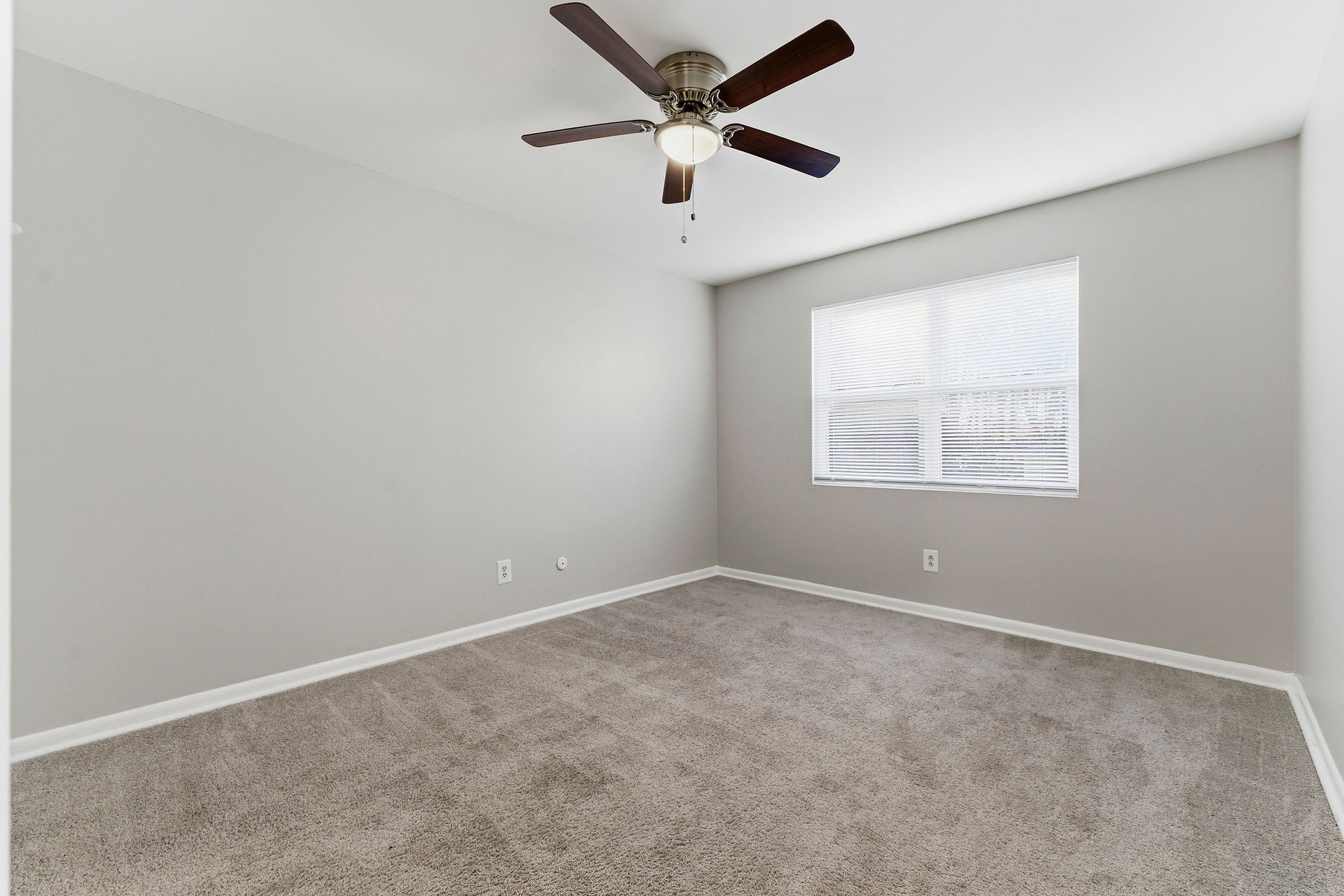 Empty gray bedroom with carpet, ceiling fan, and window blinds