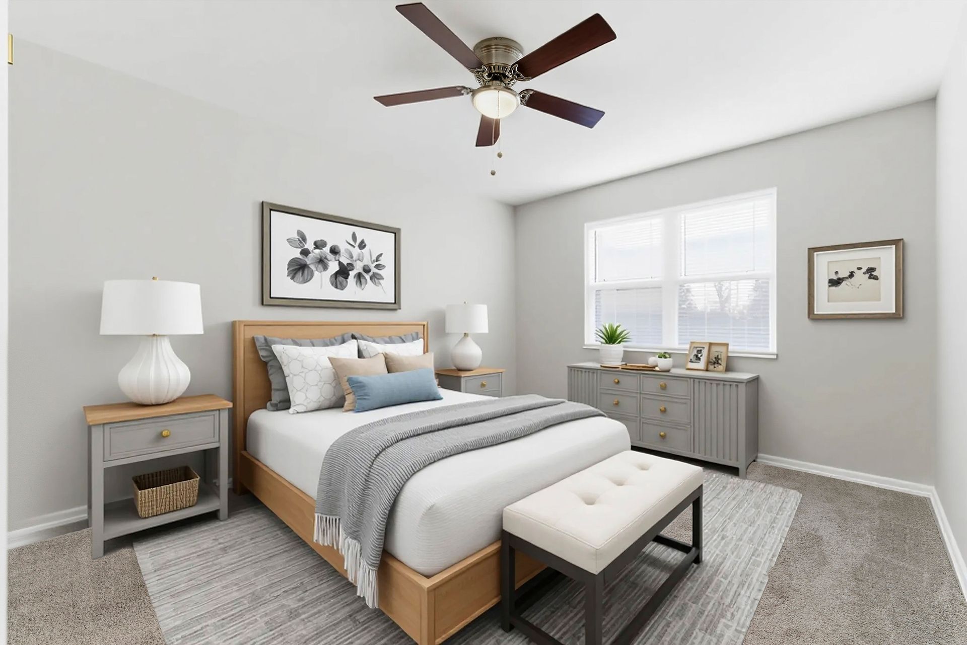 Bright modern bedroom with a wooden bed, gray accents, window, and ceiling fan