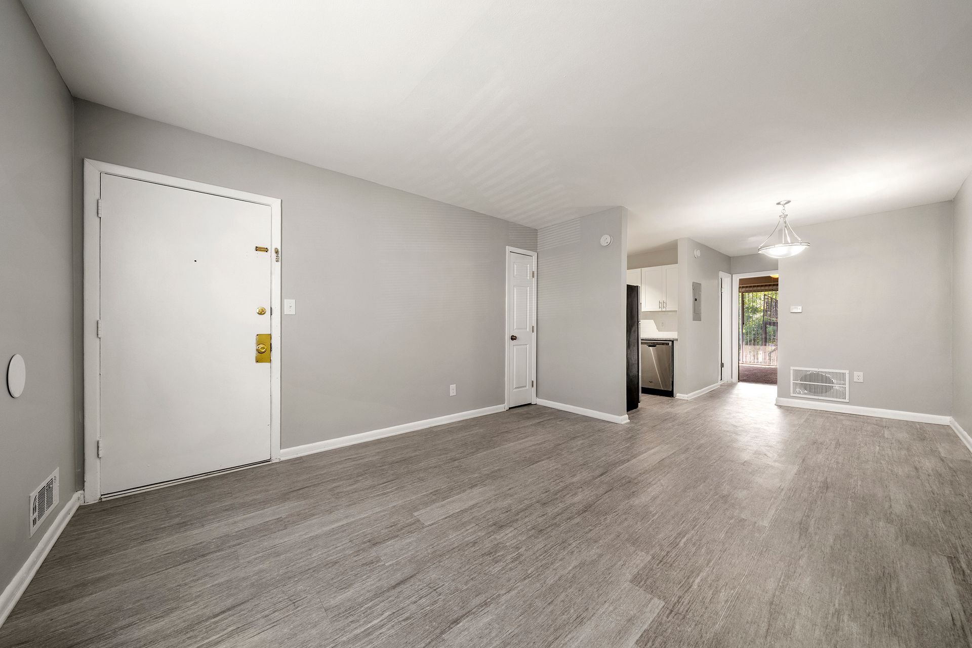 Empty gray living room with wood-look floor, white doors, and bright entryway.