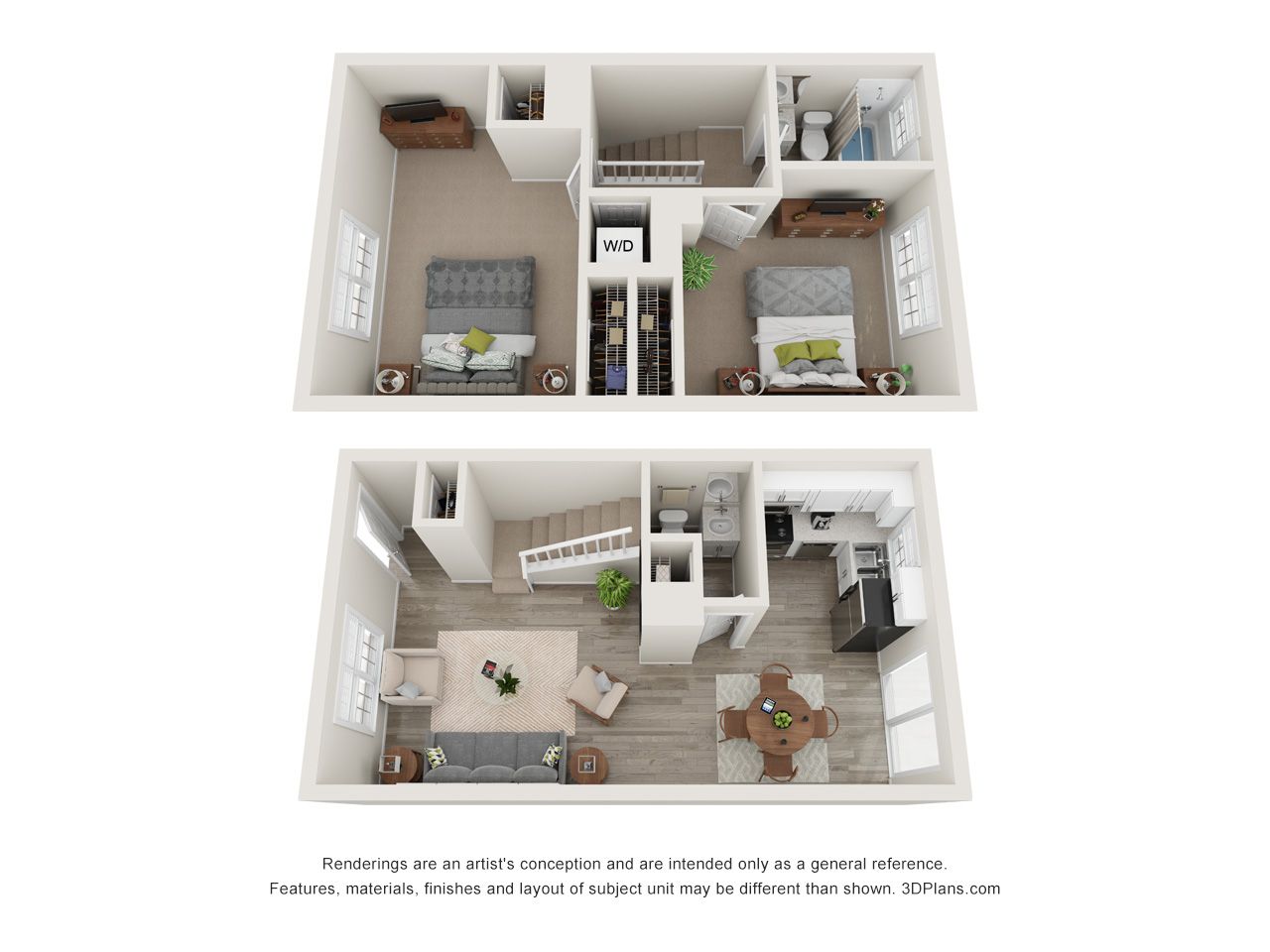 Two 3D apartment floor plan views showing bedrooms, living room, kitchen, and bathroom layout
