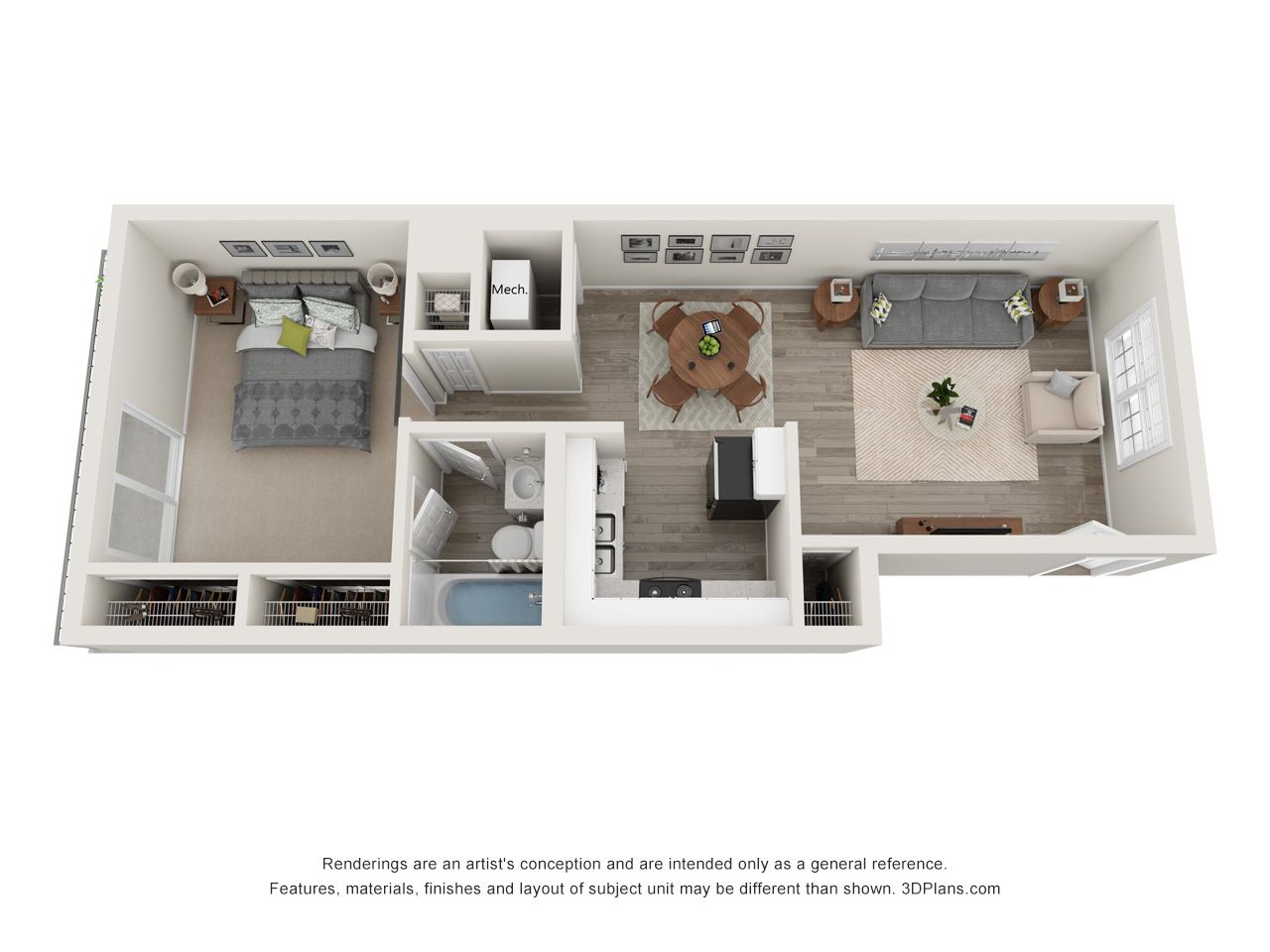 3D floor plan of a small home interior with bedroom, bathroom, kitchen, and living area muted in beige and gray