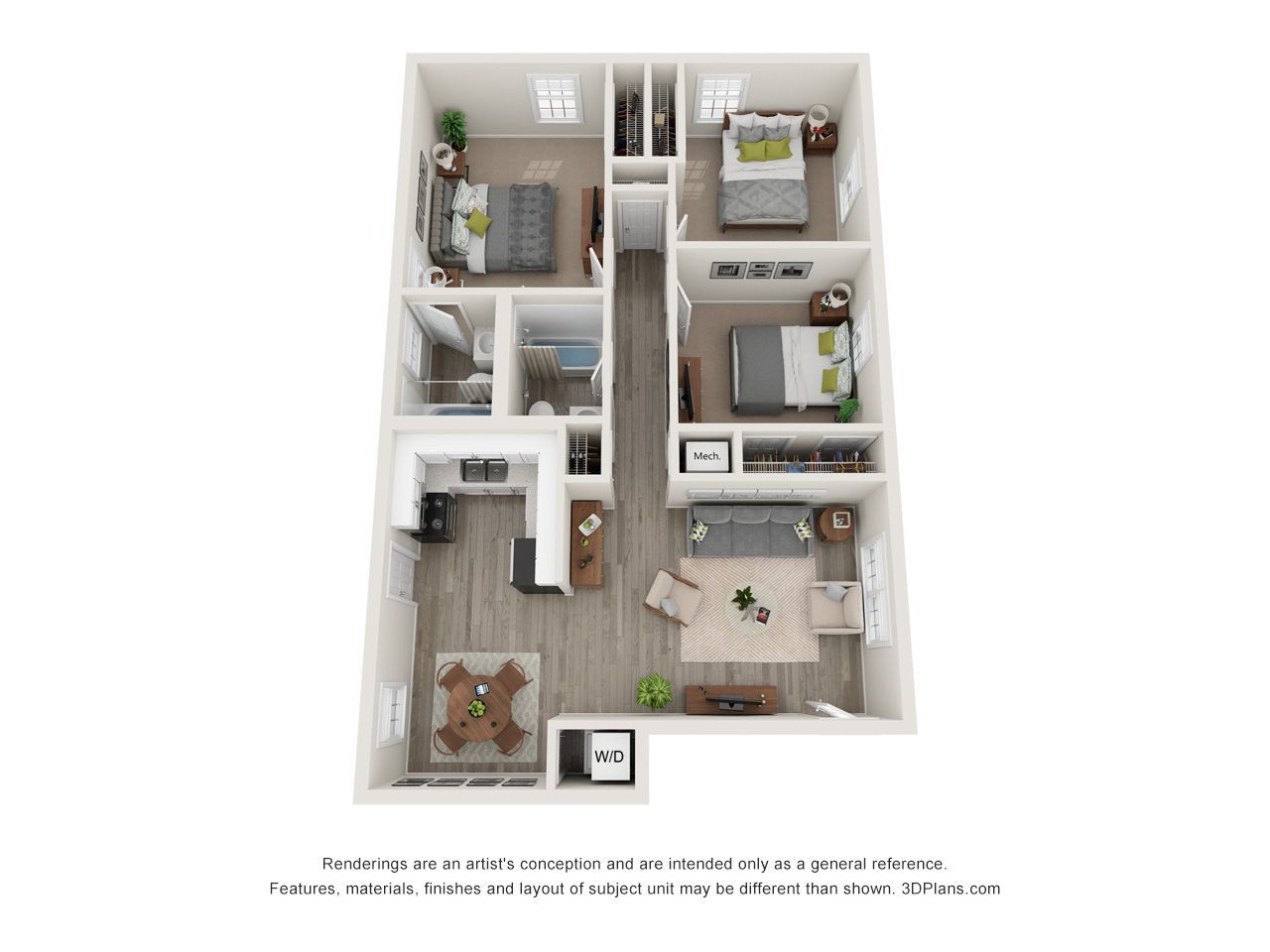 3D floor plan of a small apartment with bedroom, kitchen, bathroom, living room, and dining area