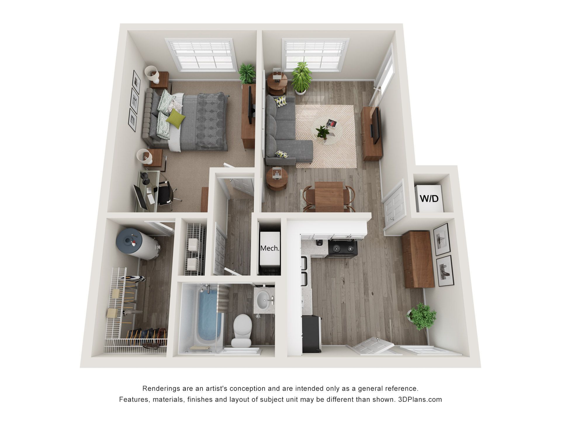 Top-down 3D floor plan of a small apartment with bedroom, bathroom, kitchen, and living area