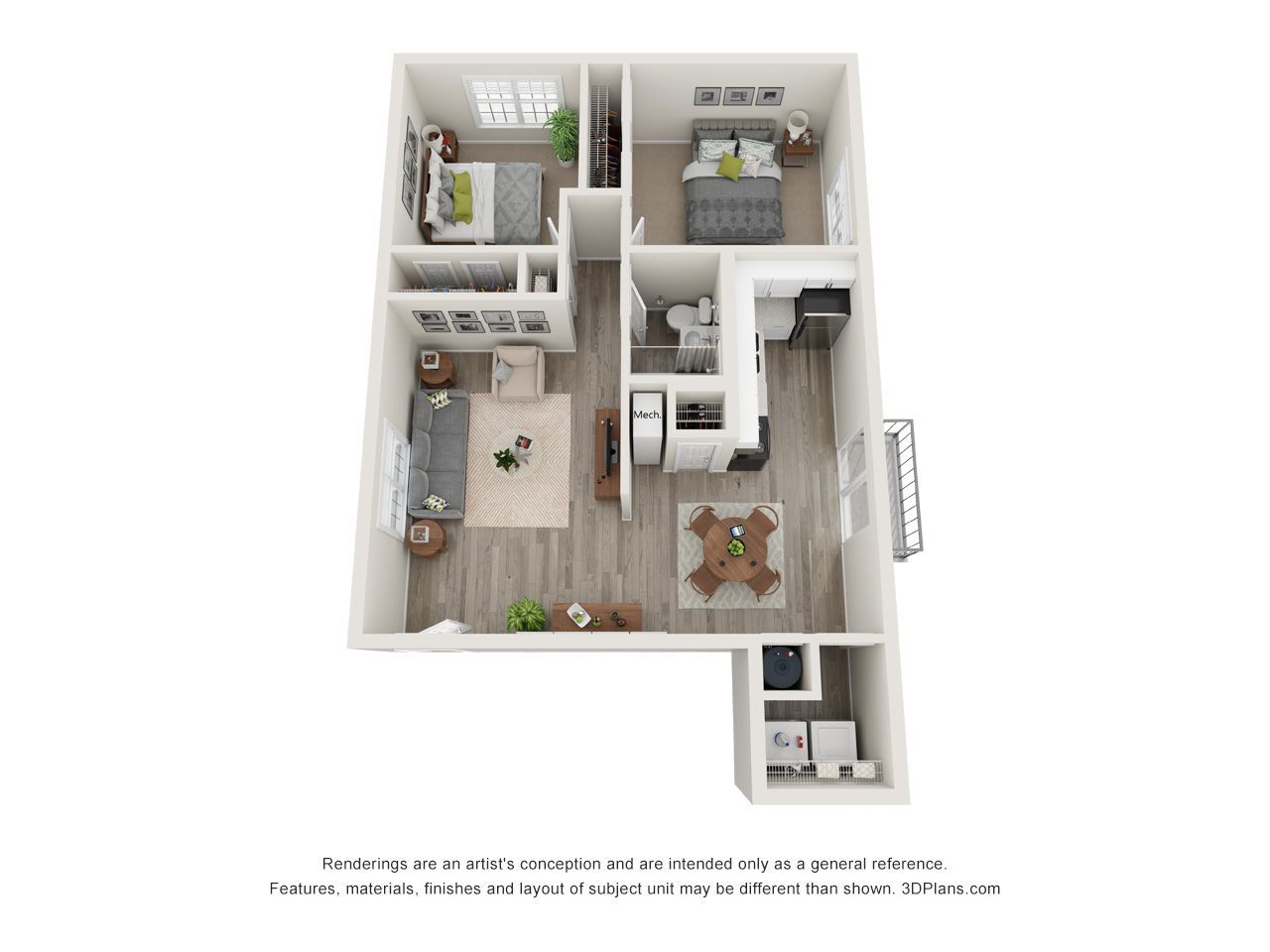 3D floor plan of a compact apartment with living area, kitchen, bedroom, bath, and balcony