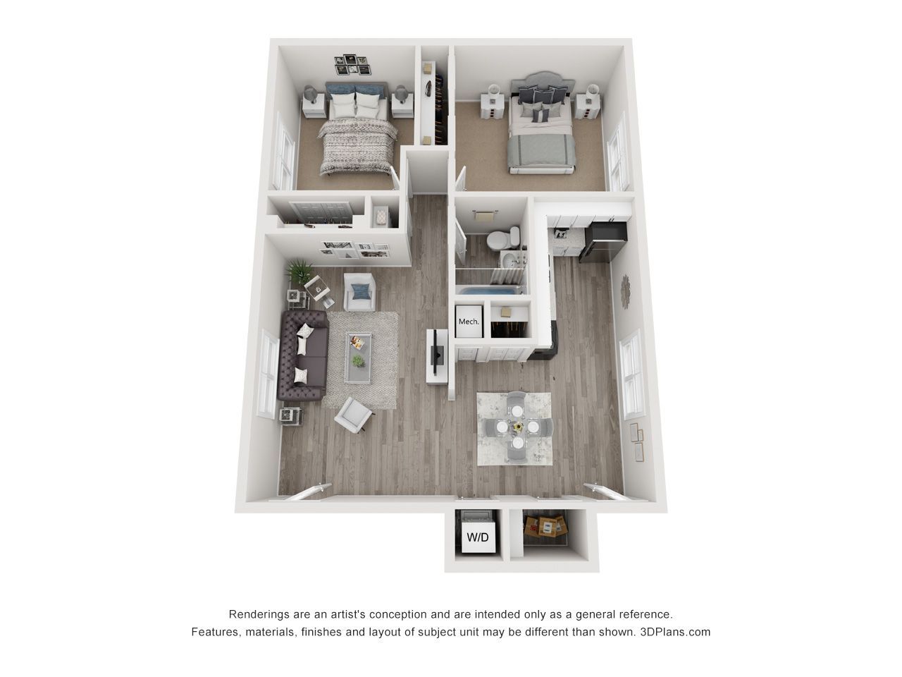 Top-down view of a furnished apartment floor plan with living room, kitchen, bath, and two bedrooms.