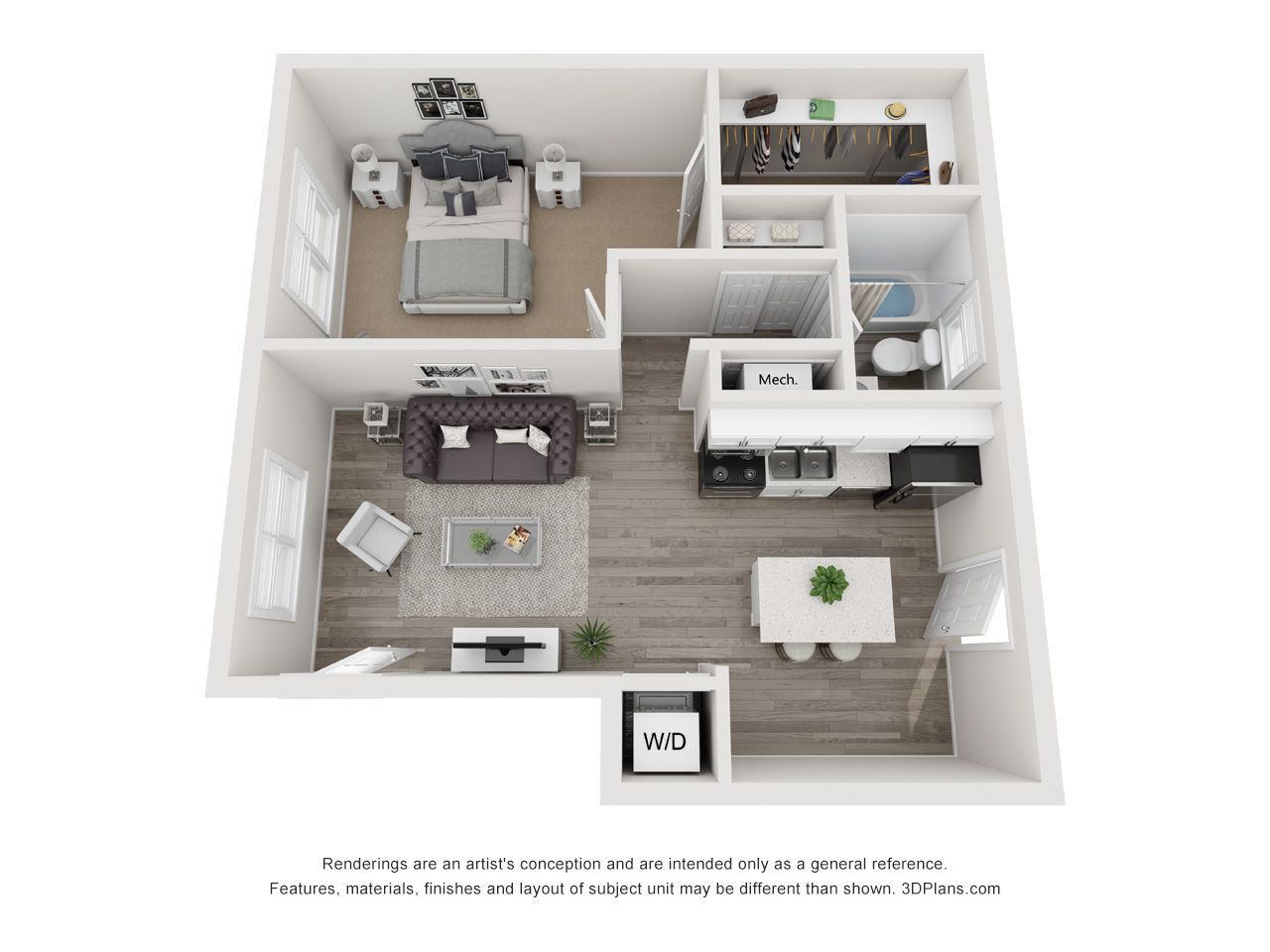 3D apartment floor plan with living room, bedroom, kitchen, bathroom, and balcony in neutral tones