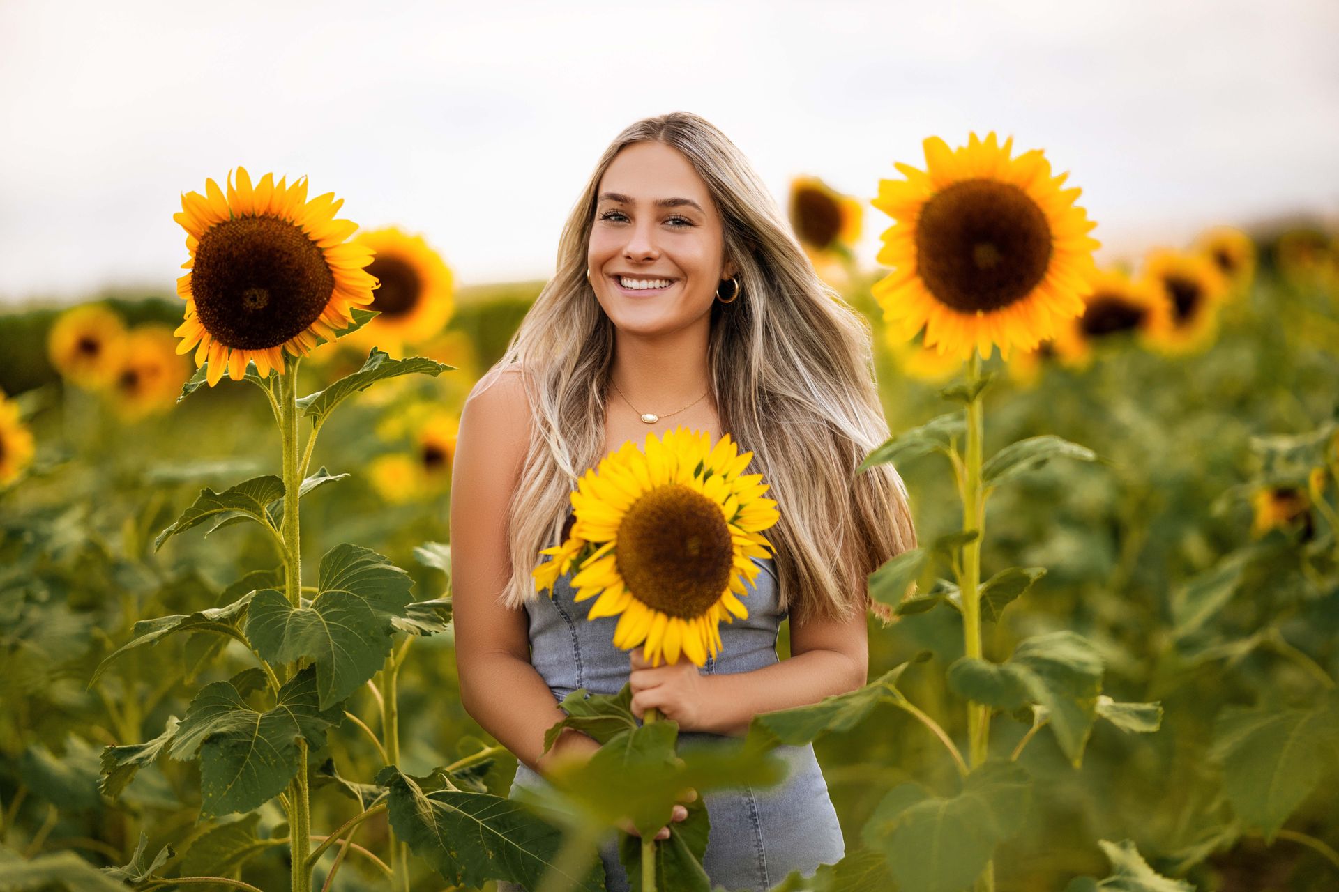 Woman in a sunflower field smiling, holding a sunflower; blonde hair; blue top; sunny day.