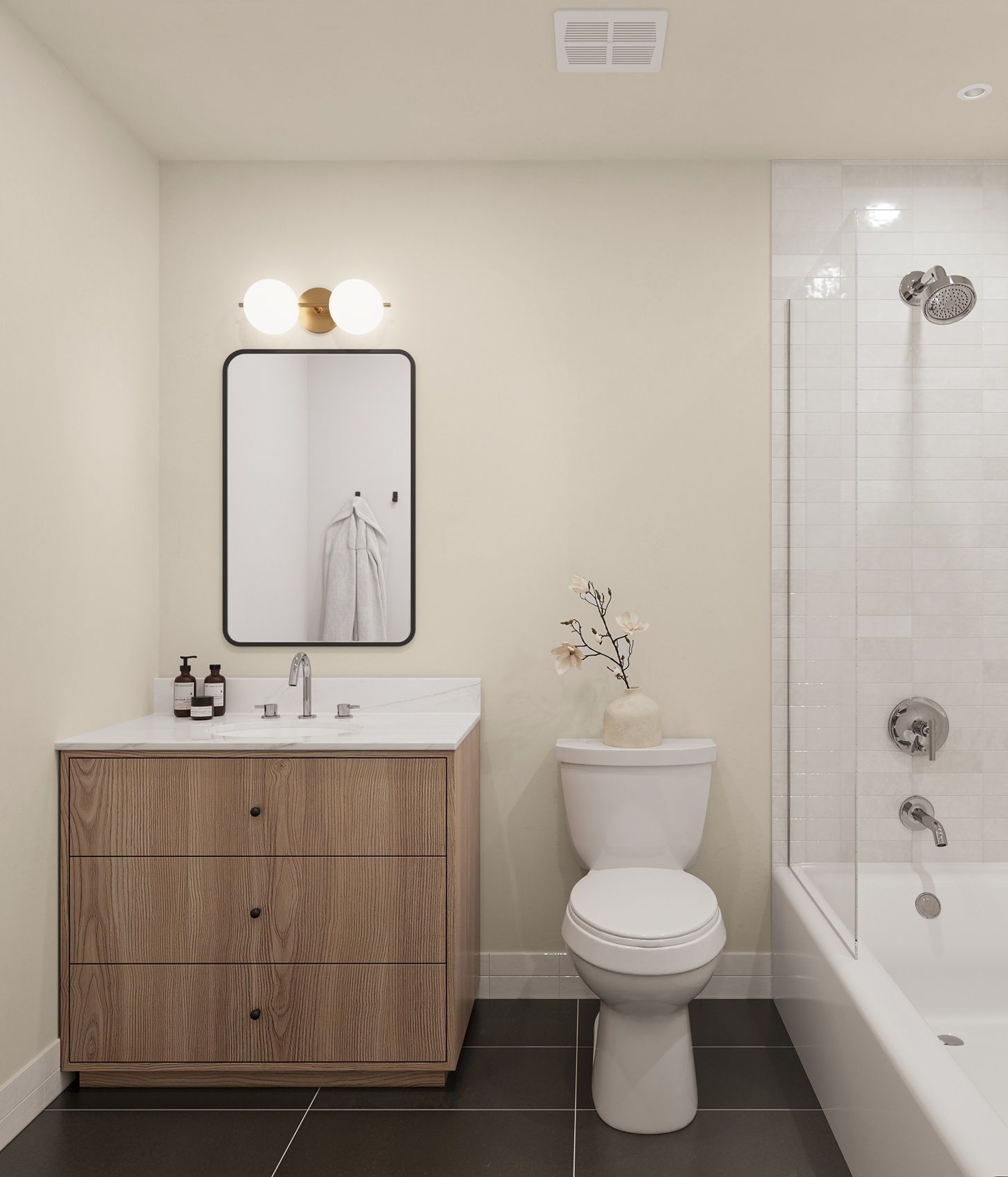 Luxury spa-inspired bathroom at 305 Lakeview Apartments featuring seamless shower and premium finishes in Paterson, NJ.