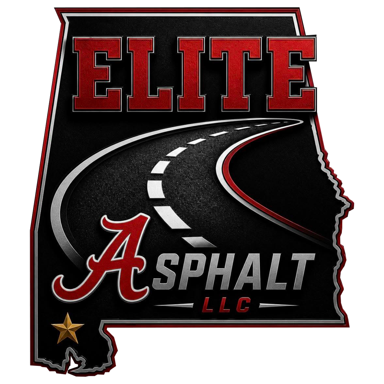 Elite Asphalt LLC logo in Mississippi shape, with a curved road, red and silver text, and a gold star.