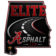 Elite Asphalt LLC logo in Mississippi shape, with a curved road, red and silver text, and a gold star.