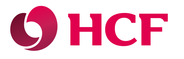 The HCF logo, featuring a dark pink circular abstract icon next to the bold, dark pink text 