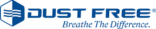 Dust Free Air Purifier Logo with a blue hexagon icon featuring white waves, the text