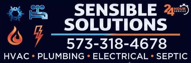 Company logo for Sensible Solutions, offering HVAC, plumbing, electrical, and septic services at 573-318-4678.
