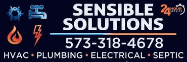 Sensible Solutions logo listing HVAC, plumbing, electrical, and septic services with the phone number 573-318-4678.