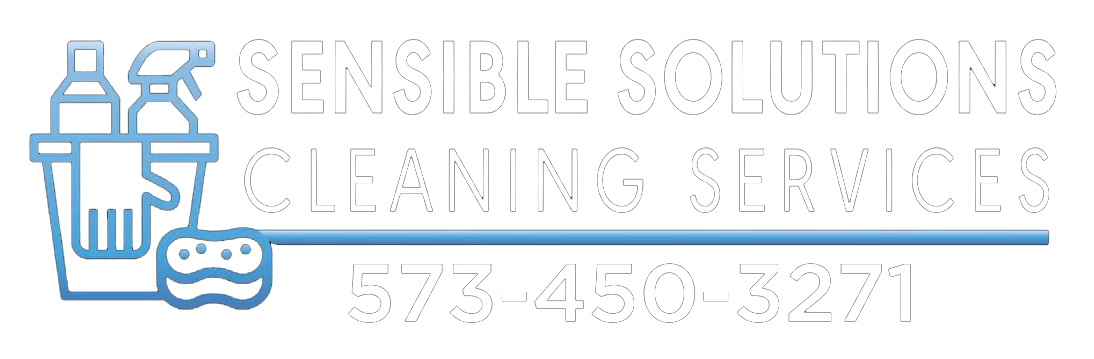 Logo for Sensible Solutions Cleaning Services in light blue featuring a cleaning bucket with supplies and phone 573-450-3271.