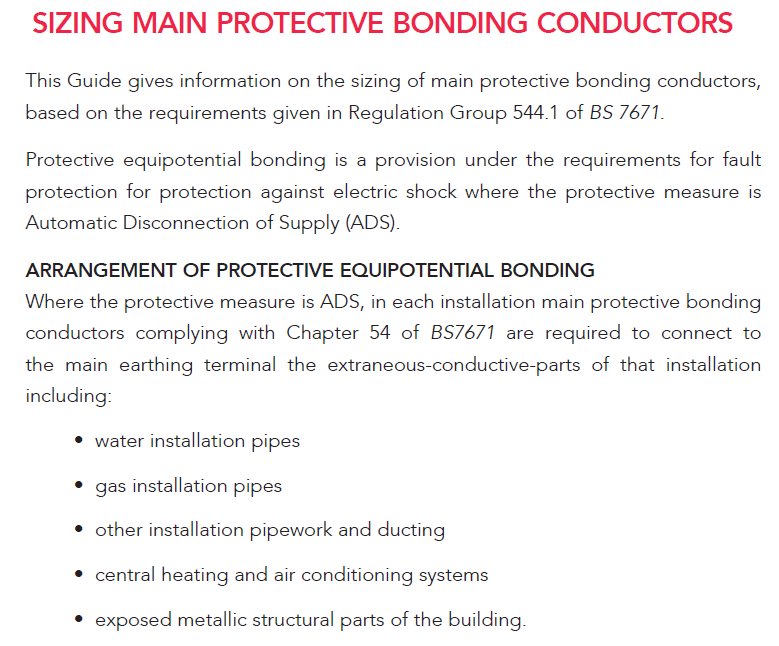 Sizing main protective bonding conductors