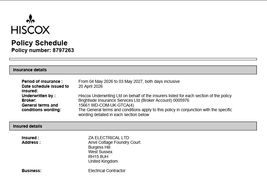 Professional indemnity  
ZA Electrical Ltd 2026