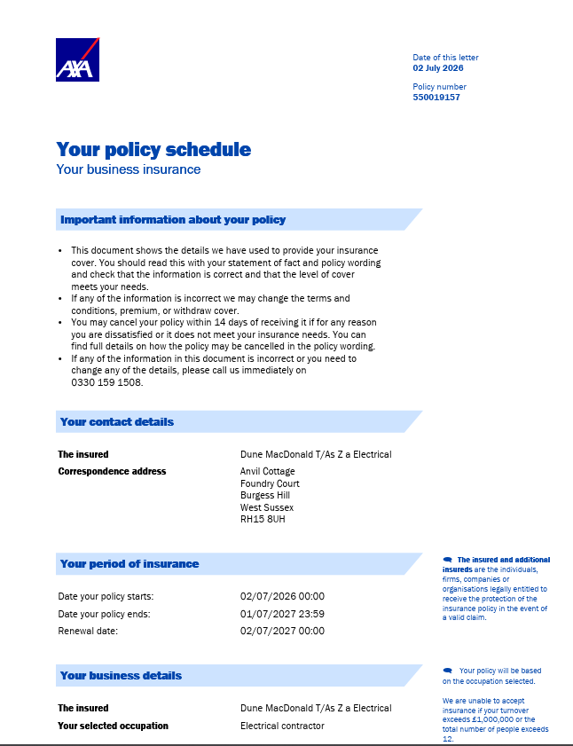 Public Liability 
ZA Electrical Ltd 2026