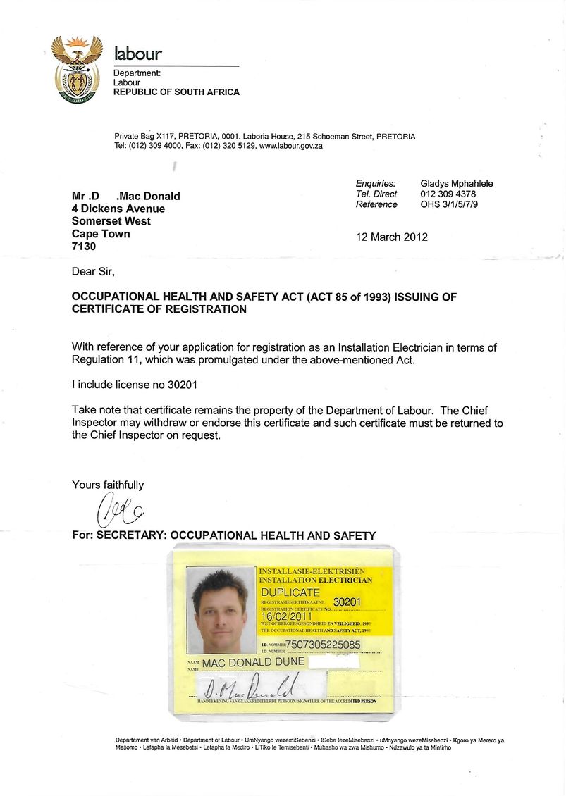 South African-qualified electrician - Dune MacDonald 