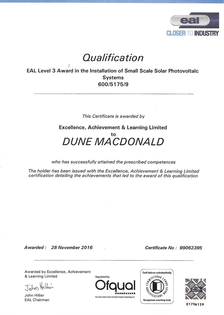 PV - Solar qualification 
Dune MacDonald 
2016