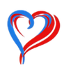 Blue and red heart-shaped graphic; each side has stylized strokes converging at the top, suggesting unity.