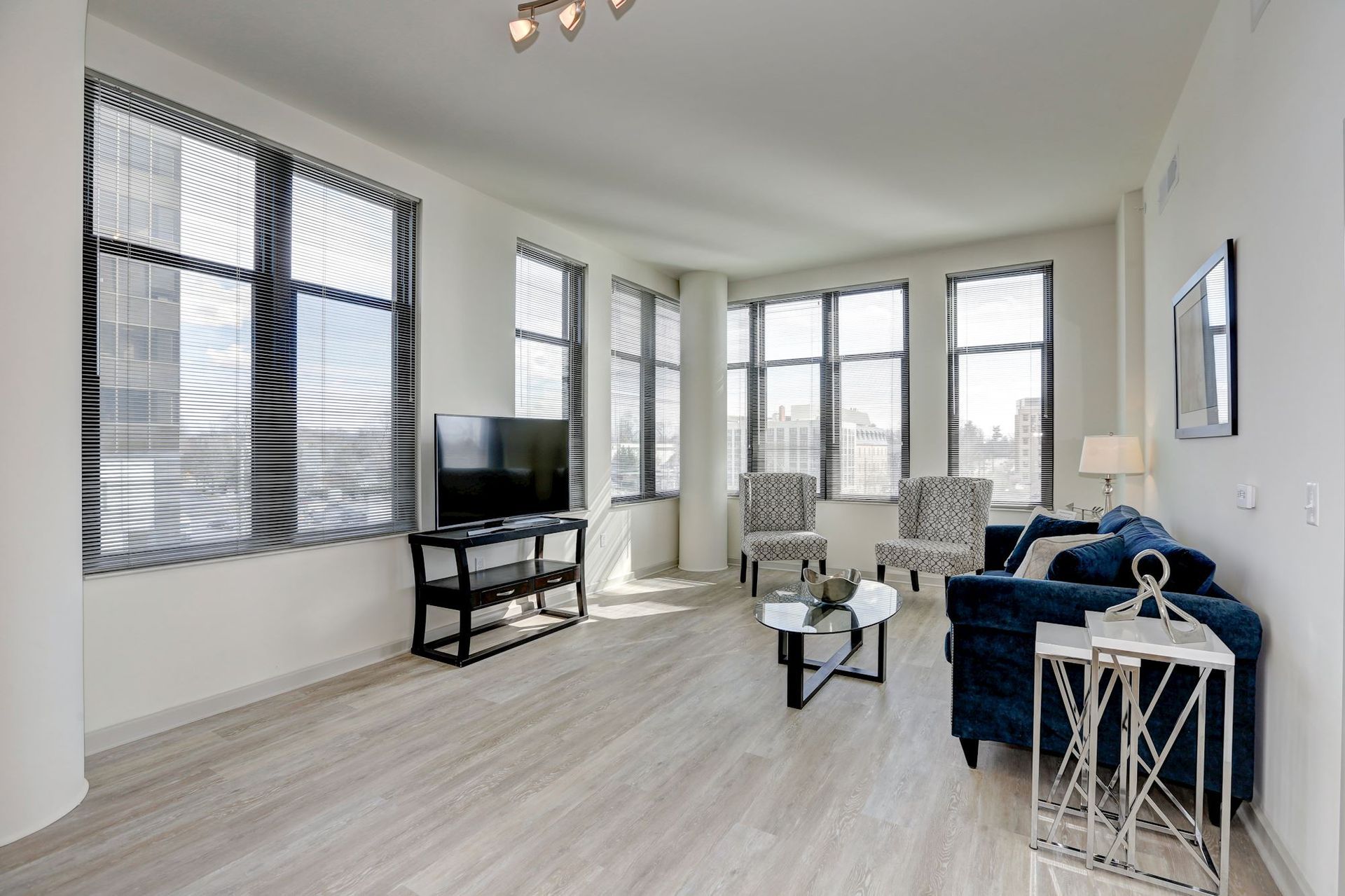 Bright living room with large windows, blue sofa, TV, and glass coffee table on light wood floors at Solaire 7077 Woodmont in Bethesda, MD.