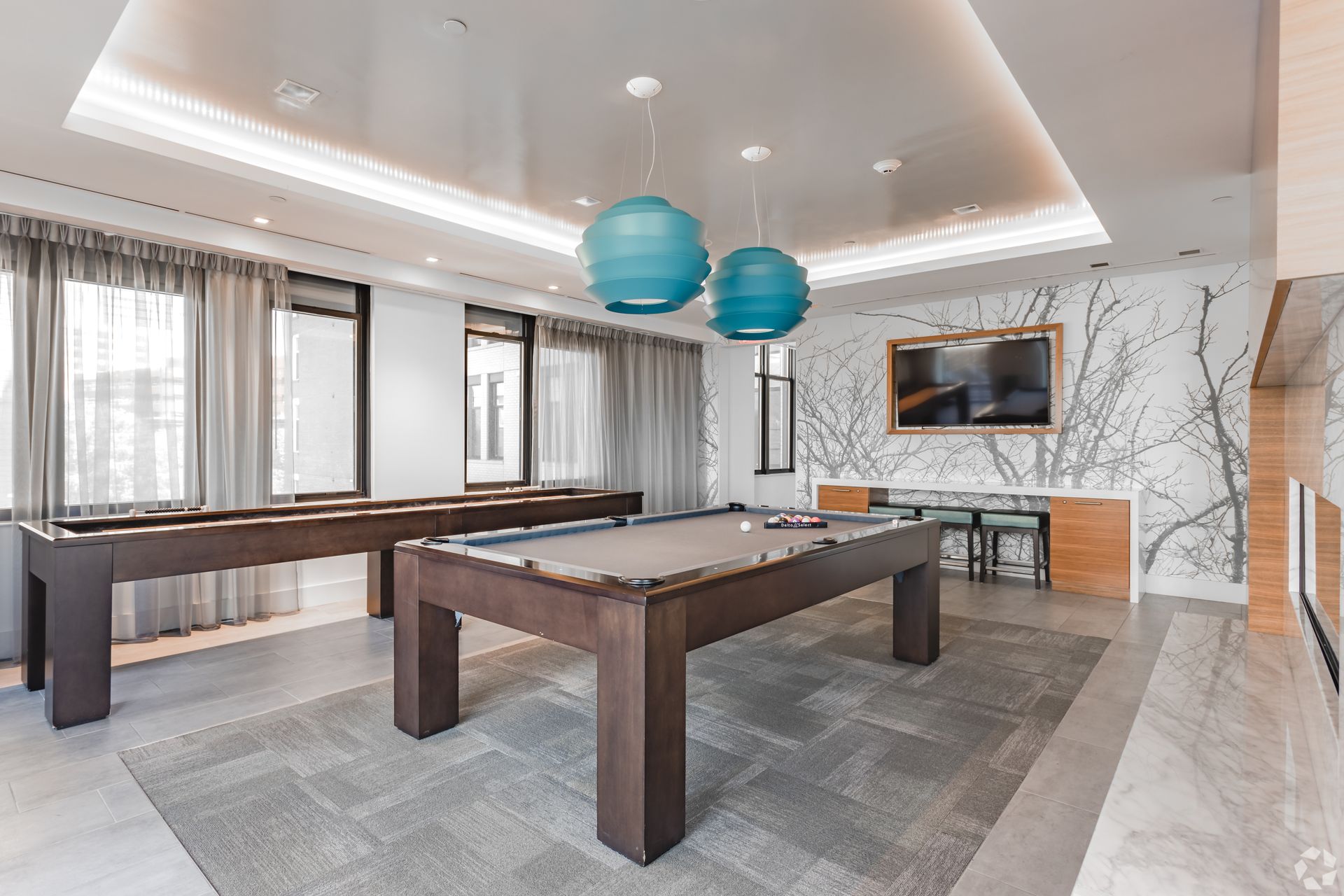 Community lounge room with pool and shuffleboard at Solaire 7077 Woodmont in Bethesda, MD.