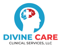 Logo for Divine Care Clinical Services, LLC with blue and red head silhouette and brain icon