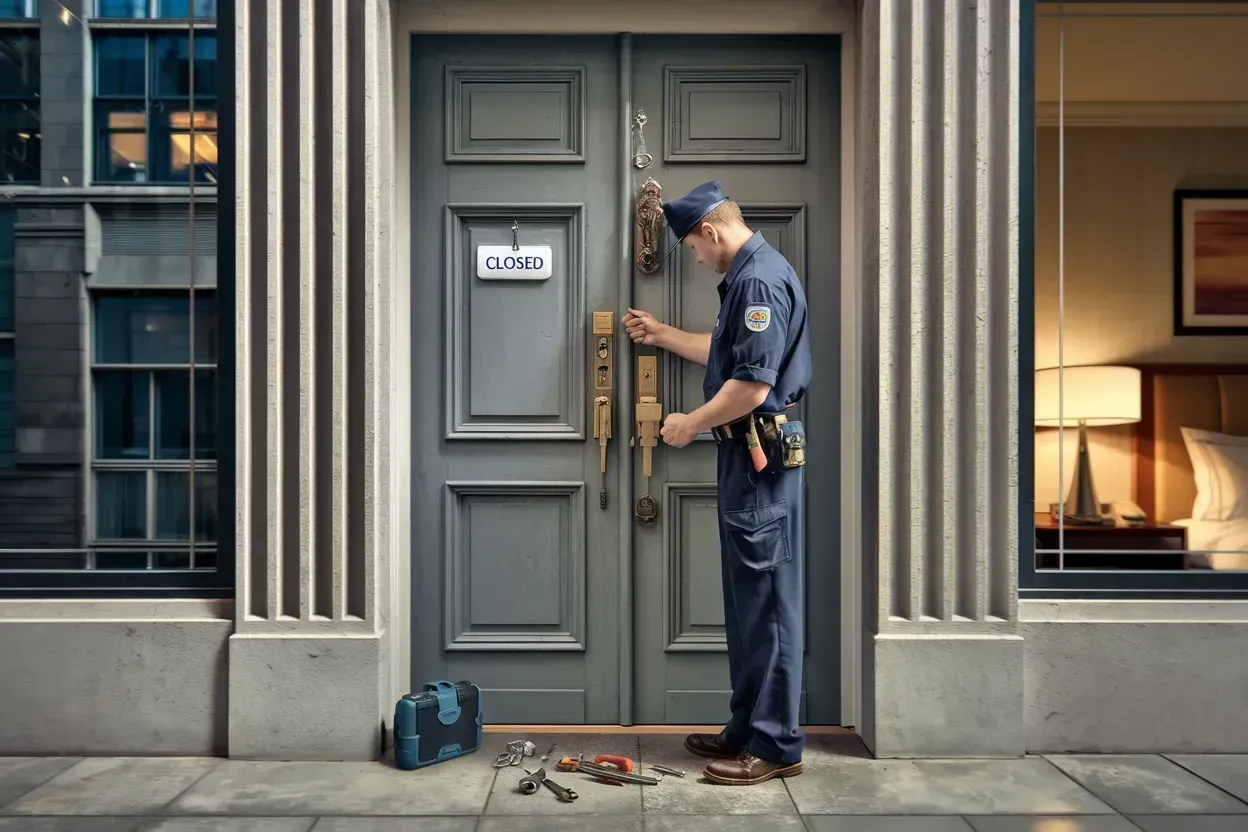 Police officer inspecting a gray townhouse door with blood on the doorstep and a toolbox nearby