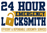 24 Hour Emergency Locksmith logo with blue and gold text and a padlock icon