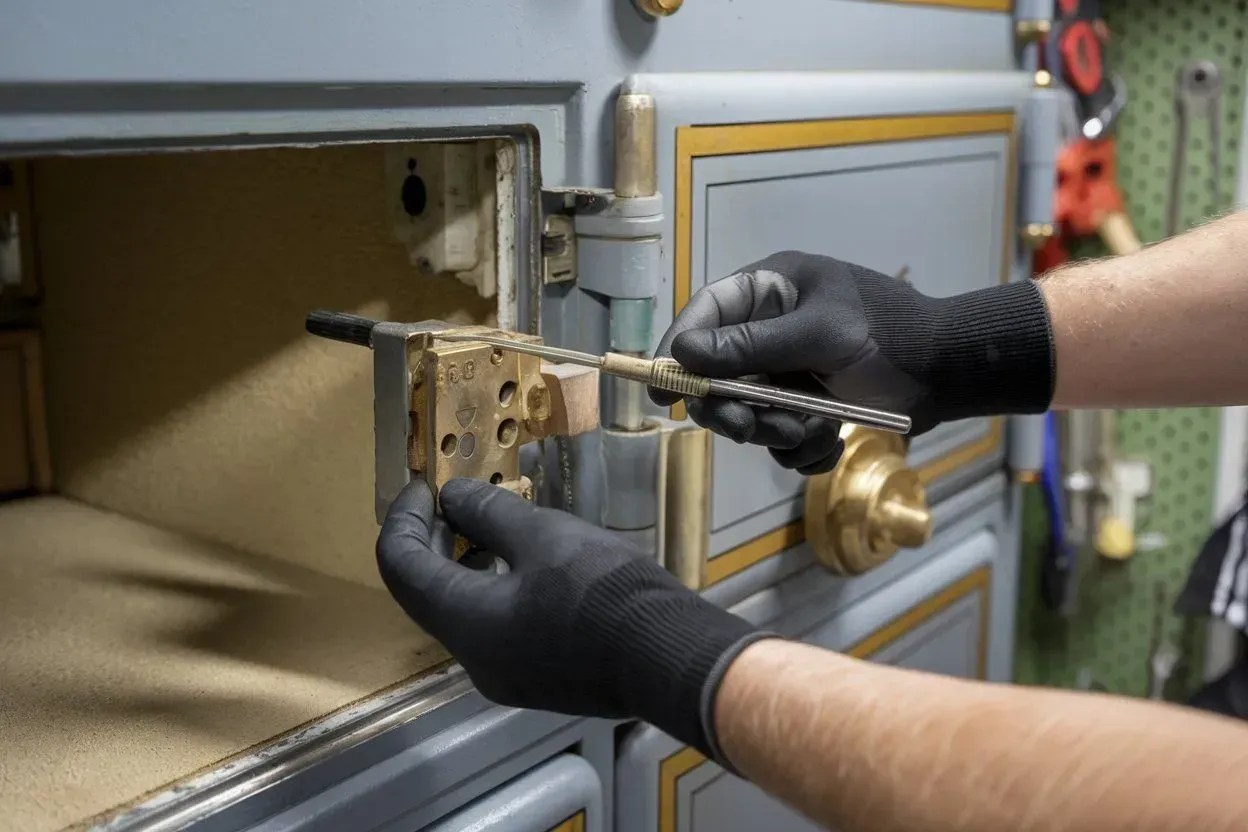 Gloved hands unlocking a safe with a large brass key