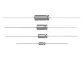 Four gray cylindrical components with leads, stacked vertically on white background