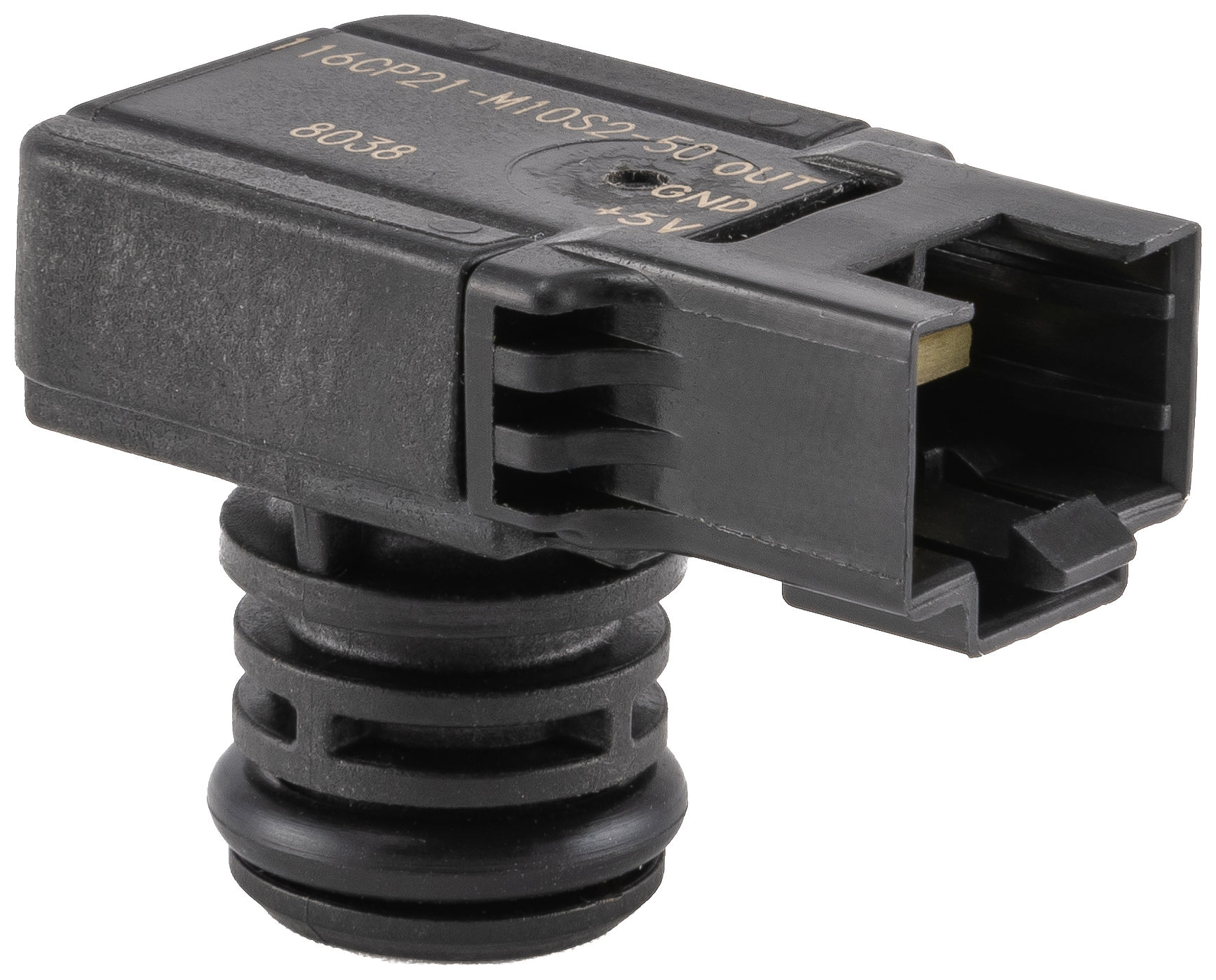 Black plastic electrical connector with a ribbed cable grommet and rectangular plug end on white background