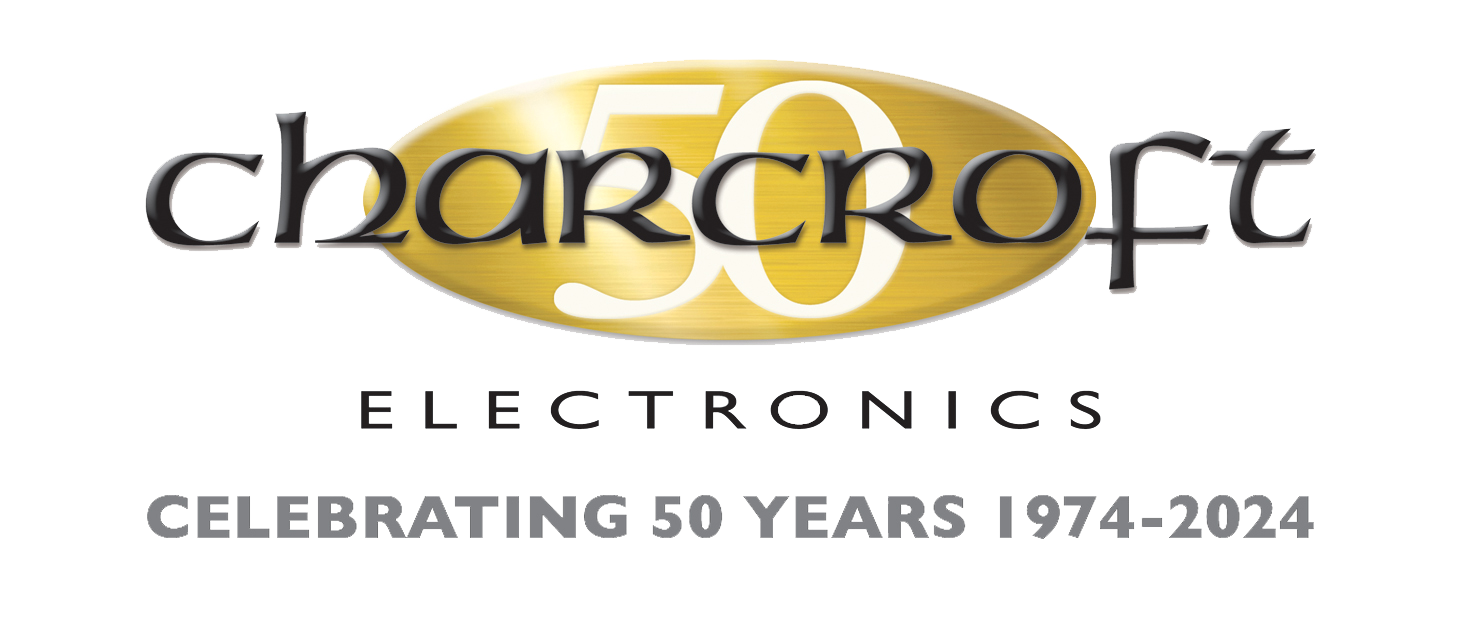 Charcroft Electronics logo with “Celebrating 50 Years 1974–2024” in black and gold