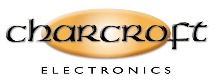 Charcroft Electronics logo with black text over a gold arc on a white background