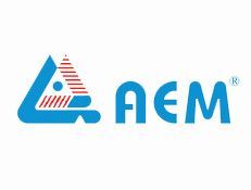 AEM logo in blue and red with a stylized triangular icon and letters on a white background