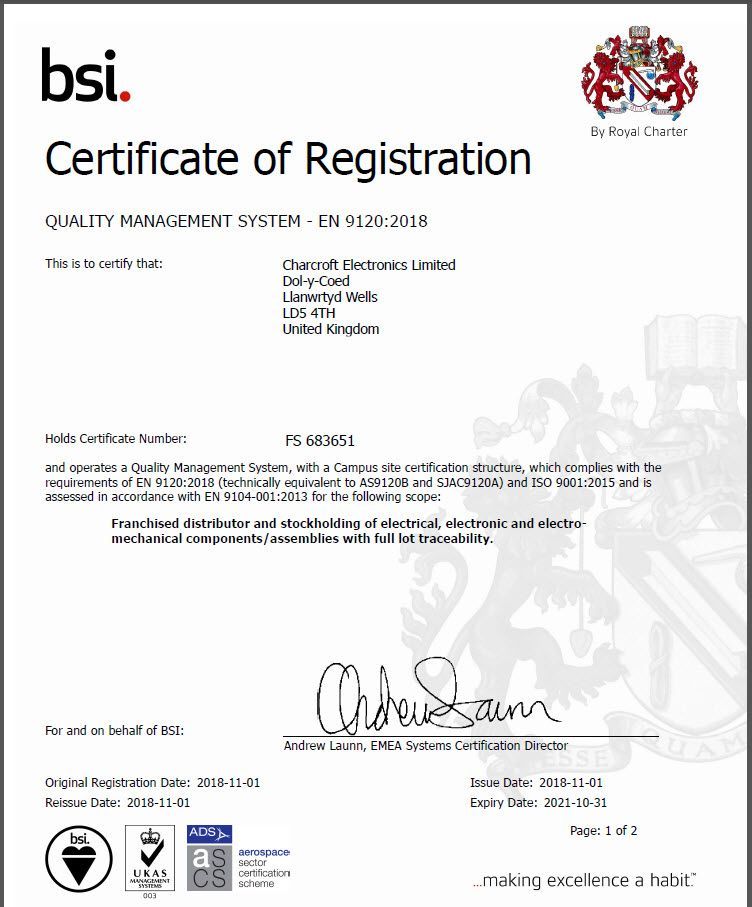 BSI Certificate of Registration for a QMS, white document with logos and signature at the bottom.