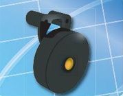 Black camera-like device with a yellow lens on a blue background