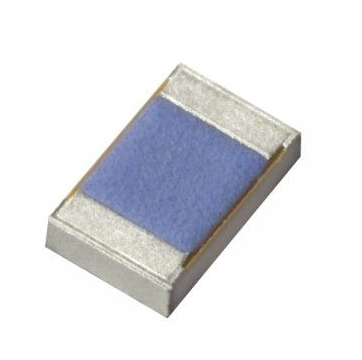 Small rectangular electronic component with a blue center and metallic ends on a white background