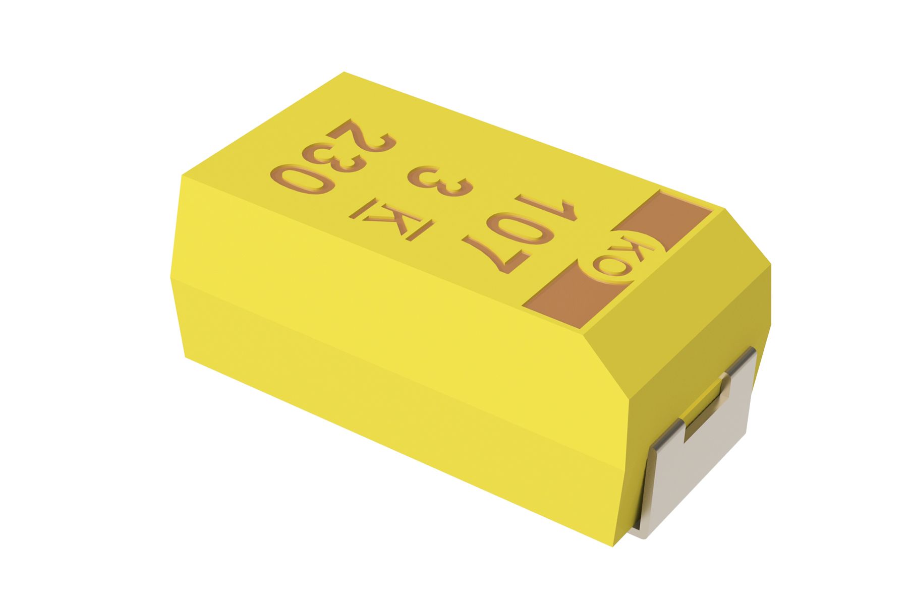 Yellow rectangular electronic component with three printed terminals and a metal connector end