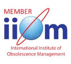 Logo for the International Institute of Obsolescence Management, with blue “iiom” and red globe swoosh