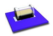 Blue circuit board with a small black-and-gold electronic component mounted on top